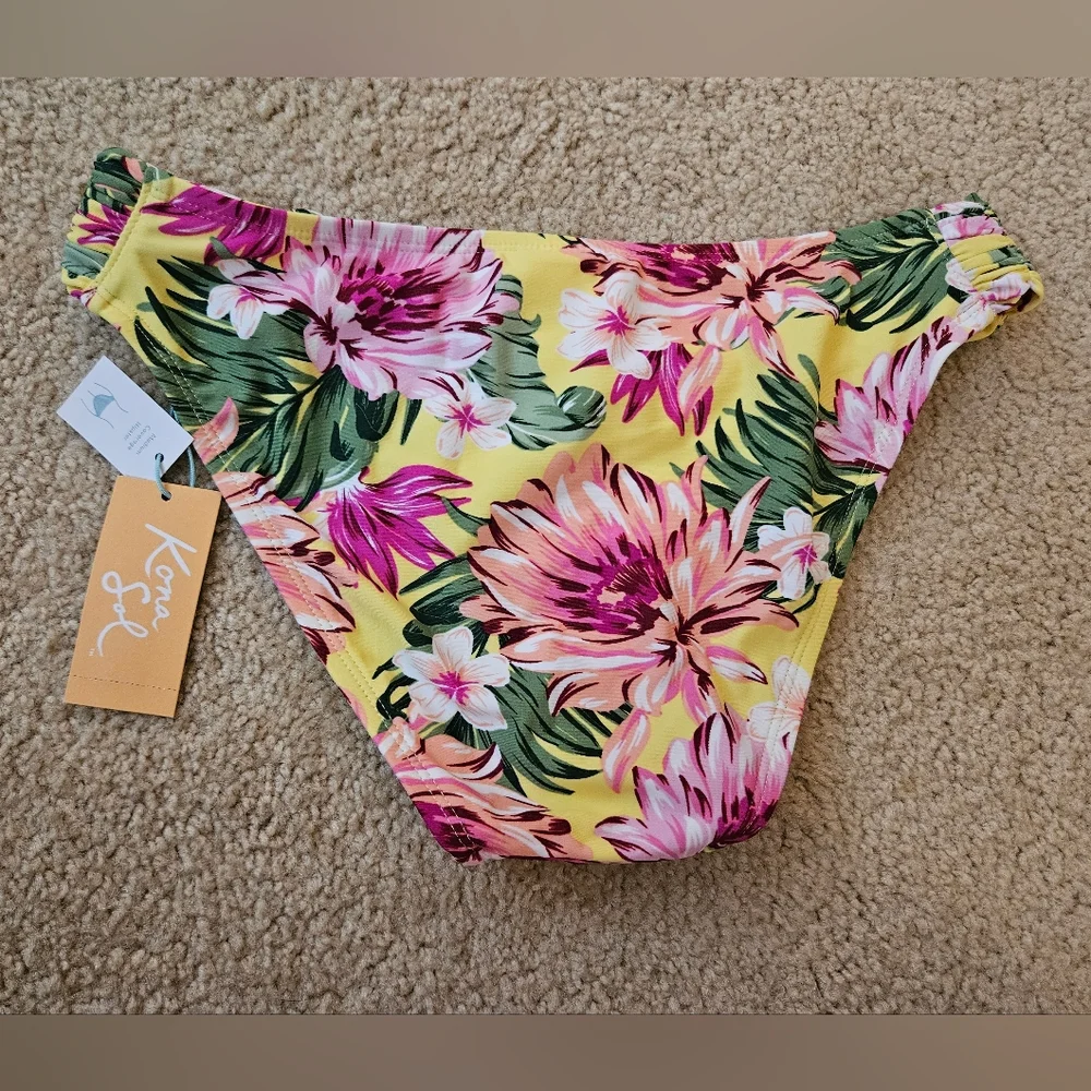 Kona Sol Yellow and Pink Floral Bikini Swimsuit Bottoms Women's Medium M New